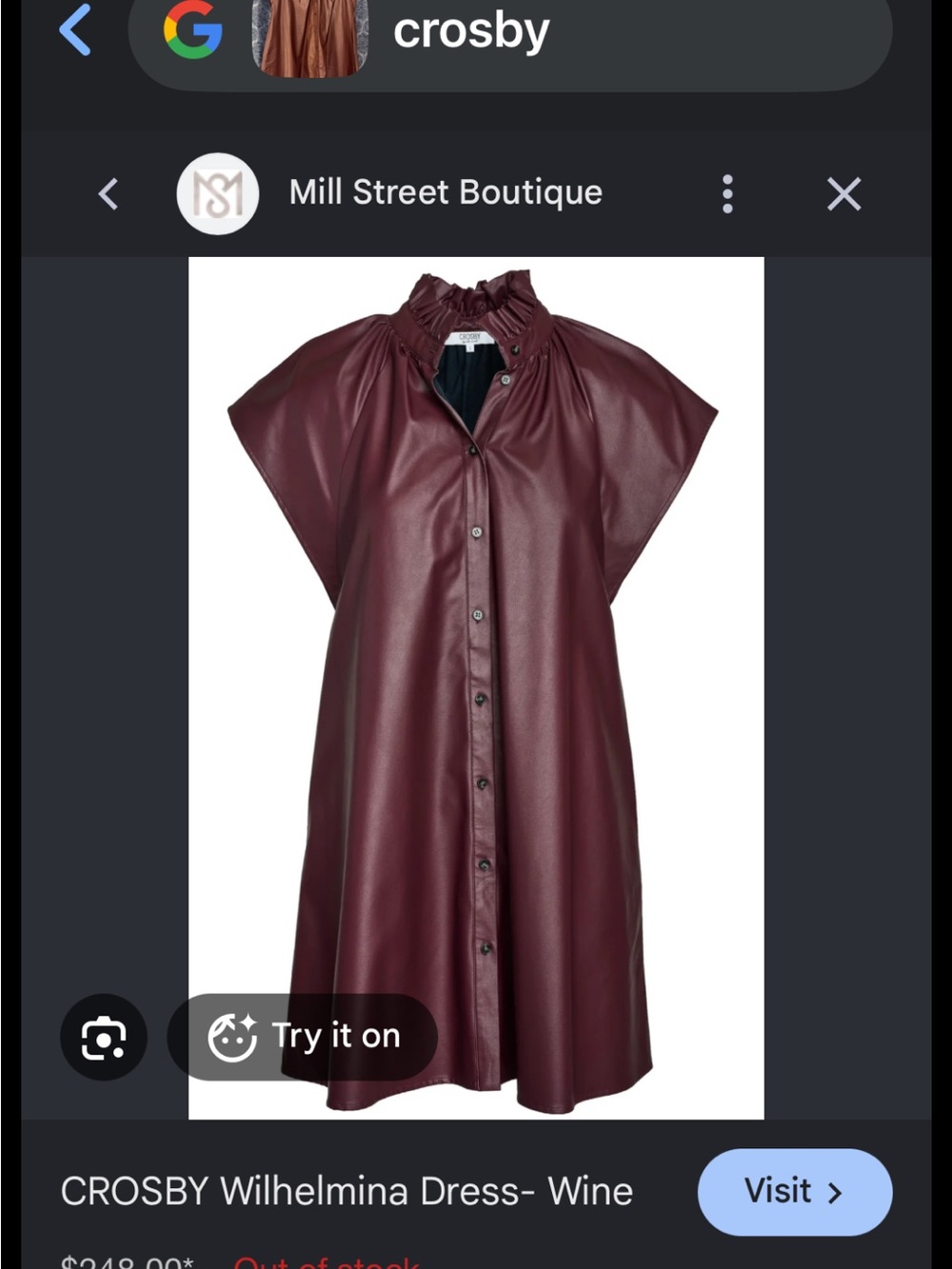 crosby. Burgundy Faux-Leather Ruffle-Neck Shirt Dress